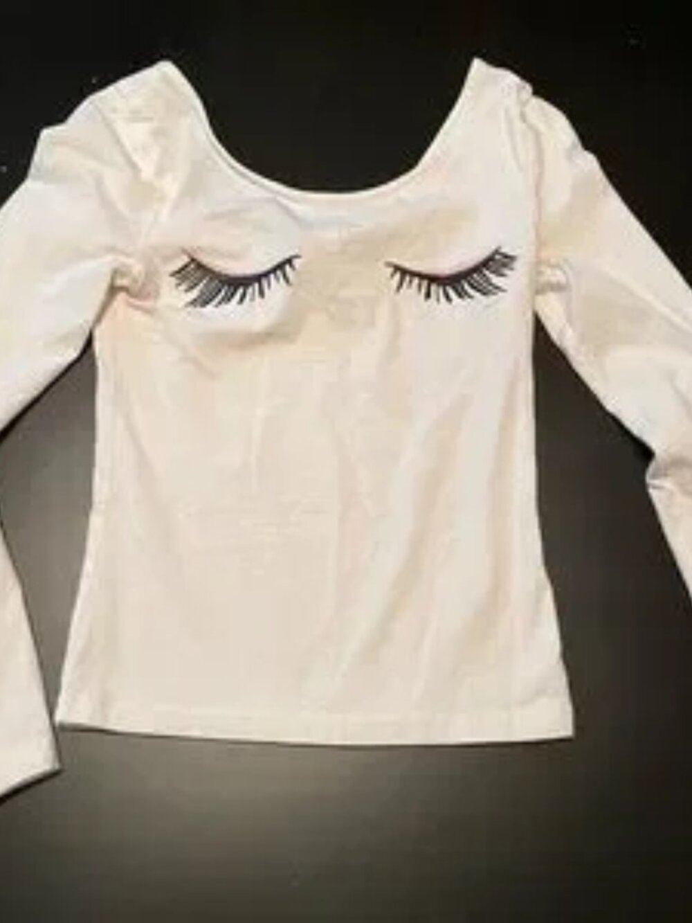 White Long Sleeve Scoop Neck Shirt with Eyelashes and Low Back, Size XS